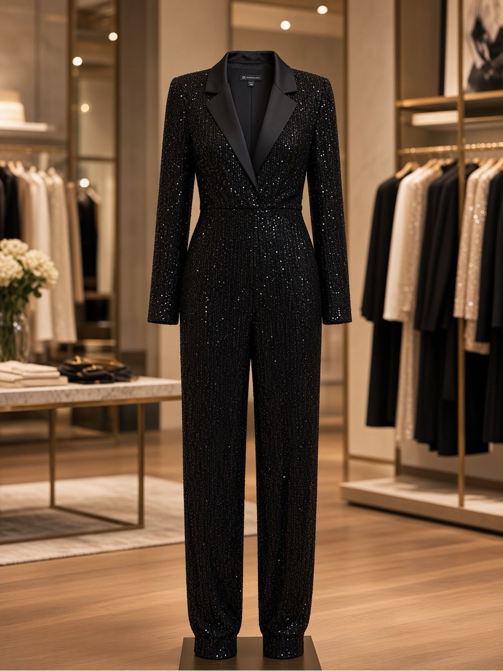 Black Sequin Tuxedo Jumpsuit